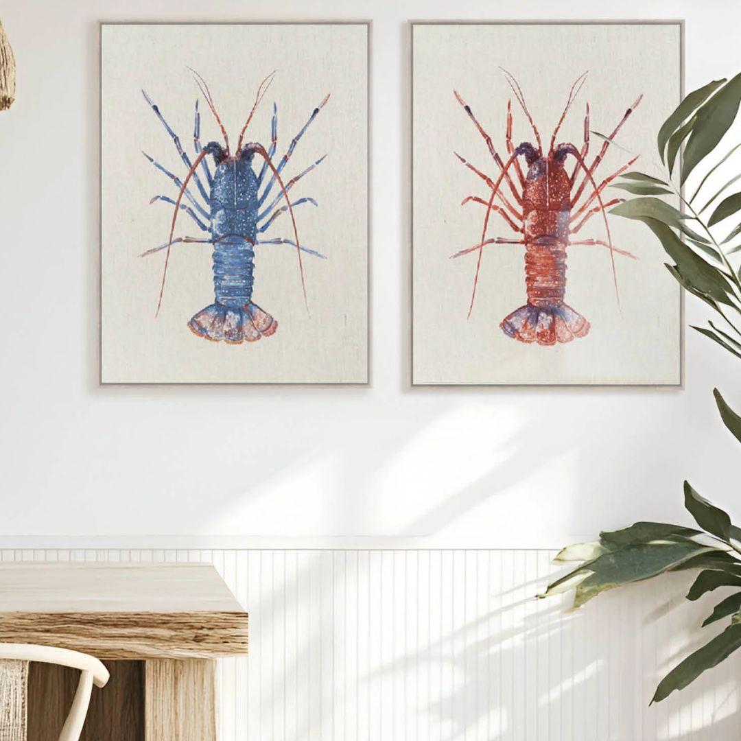 Crayfish Wall Art Set of 2 displayed on a coastal-themed living room wall