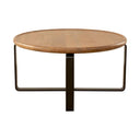 Round wooden coffee table with black metal legs on a white background