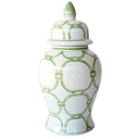 A ceramic ginger jar with a green link patterns and a lid, suitable for decoration.