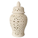 A white ceramic ginger jar with a braided design and a lid featuring cut-out patterns.