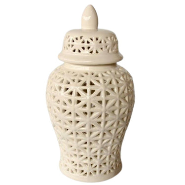 A white ceramic ginger jar with a geometric crisscross pattern and a lid on top.