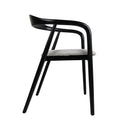 A modern dining chair with a linen-look cushioned seat and elegant wood frame