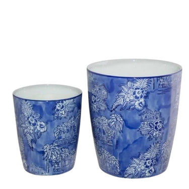 Set of two blue and white ceramic planter pots