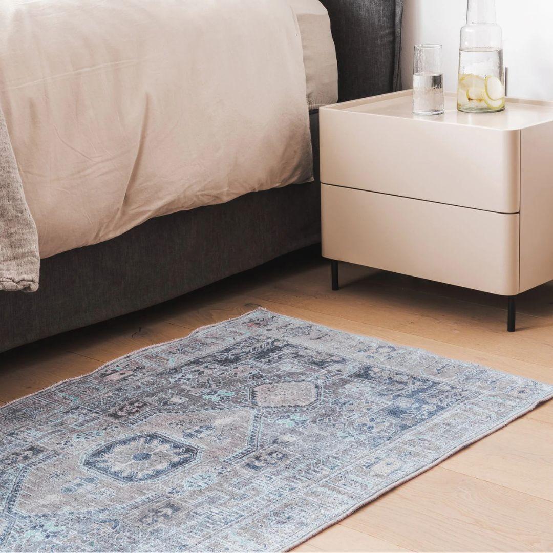 Neutral patterned Jamie Floor Runner in a modern bedroom