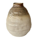 Cream and Brown Ceramic Vase with Basket Weave Texture