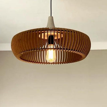 Hanging dome light fixture featuring wood slats and concrete cap