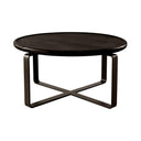 Dark wooden coffee table with metal legs on a white background
