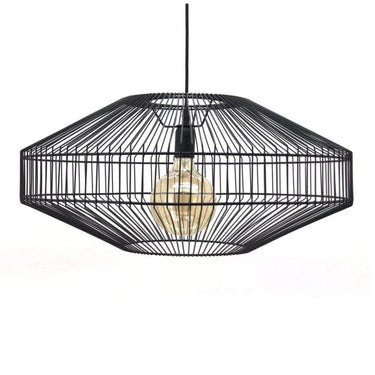 Sley Wire Pendant Light in black with geometric wireframe and single bulb, ideal for kitchens or living rooms.