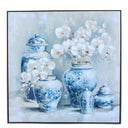 Porcelain Blooms wall art featuring blue and white ginger jars with orchid stems
