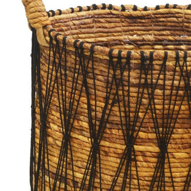 Boho-style basket set for blankets, toys, or decor with black cotton detailing