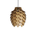 Natural wood pendant lamp suspended from black ceiling cord