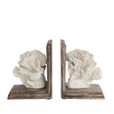 White coral bookends on wood base, ocean-inspired coastal themed shelf decor