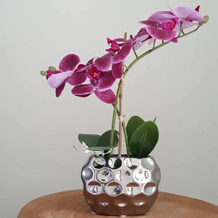 Purple Faux orchid in Silver Pot