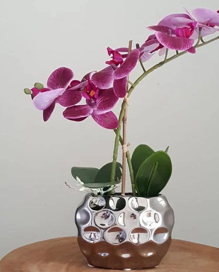 Purple Faux orchid in Silver Pot