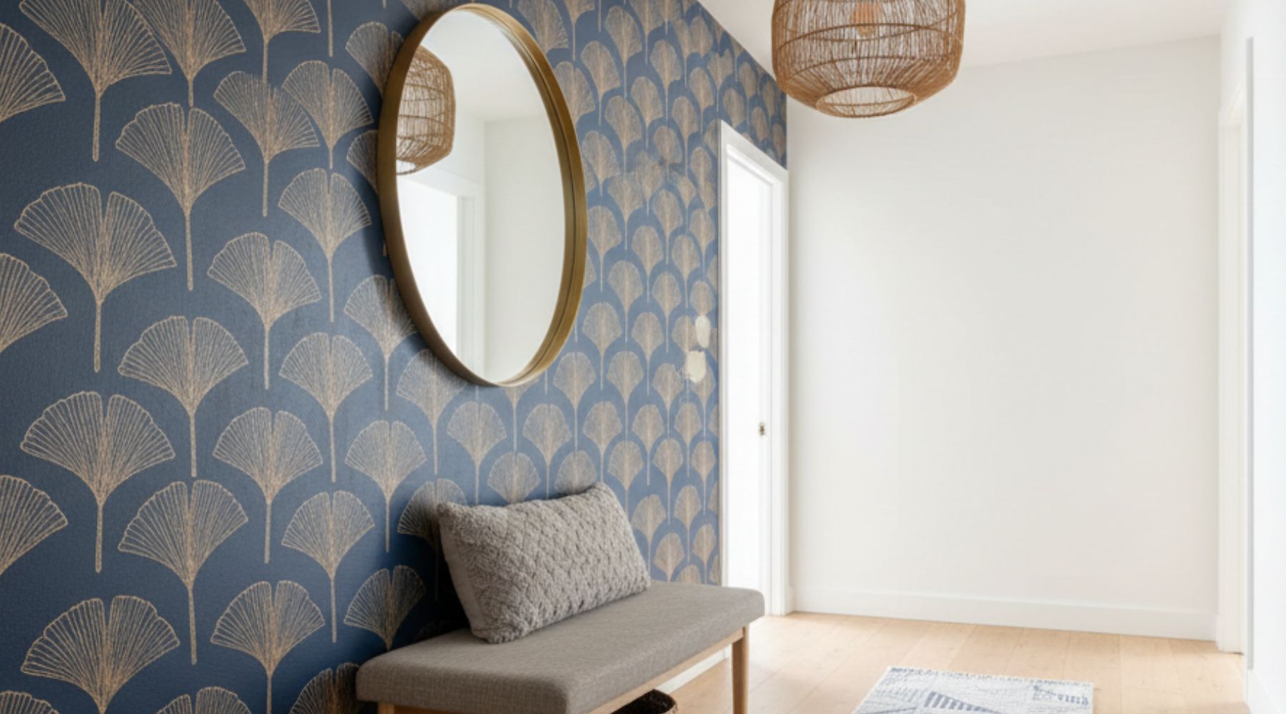 Entryway showing a gold circular mirror hung at the correct height on a a feature wall and a woven pendant light.