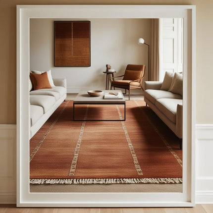 A terracotta area rug in a styled living room from the Woodka Interiors guide on how to buy rugs online