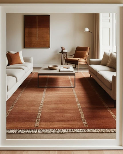 A terracotta area rug in a styled living room from the rug buying guide
