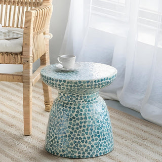 Coastal-style Capiz accent stool crafted with natural shell detailing, perfect for adding breezy elegance and seaside charm to your home decor.