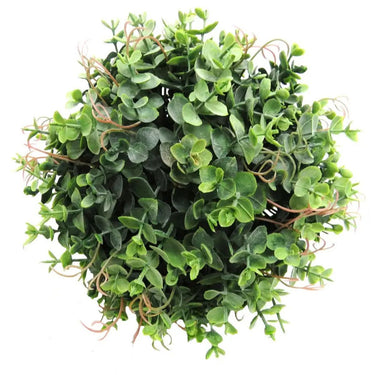Faux eucalyptus greenery topiary ball featuring dense rounded leaves and delicate curling tendrils.