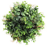 Faux eucalyptus greenery topiary ball featuring dense rounded leaves and delicate curling tendrils.