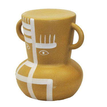 Tan ceramic side table with abstract hand-painted design