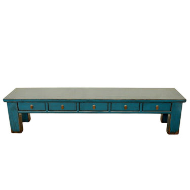 Arka long, low, dark blue wooden console table featuring five drawers