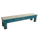 Arka long, low, blue wooden media console table featuring five drawers