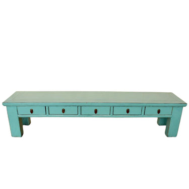 Arka long, low, light blue wooden console table featuring five drawers