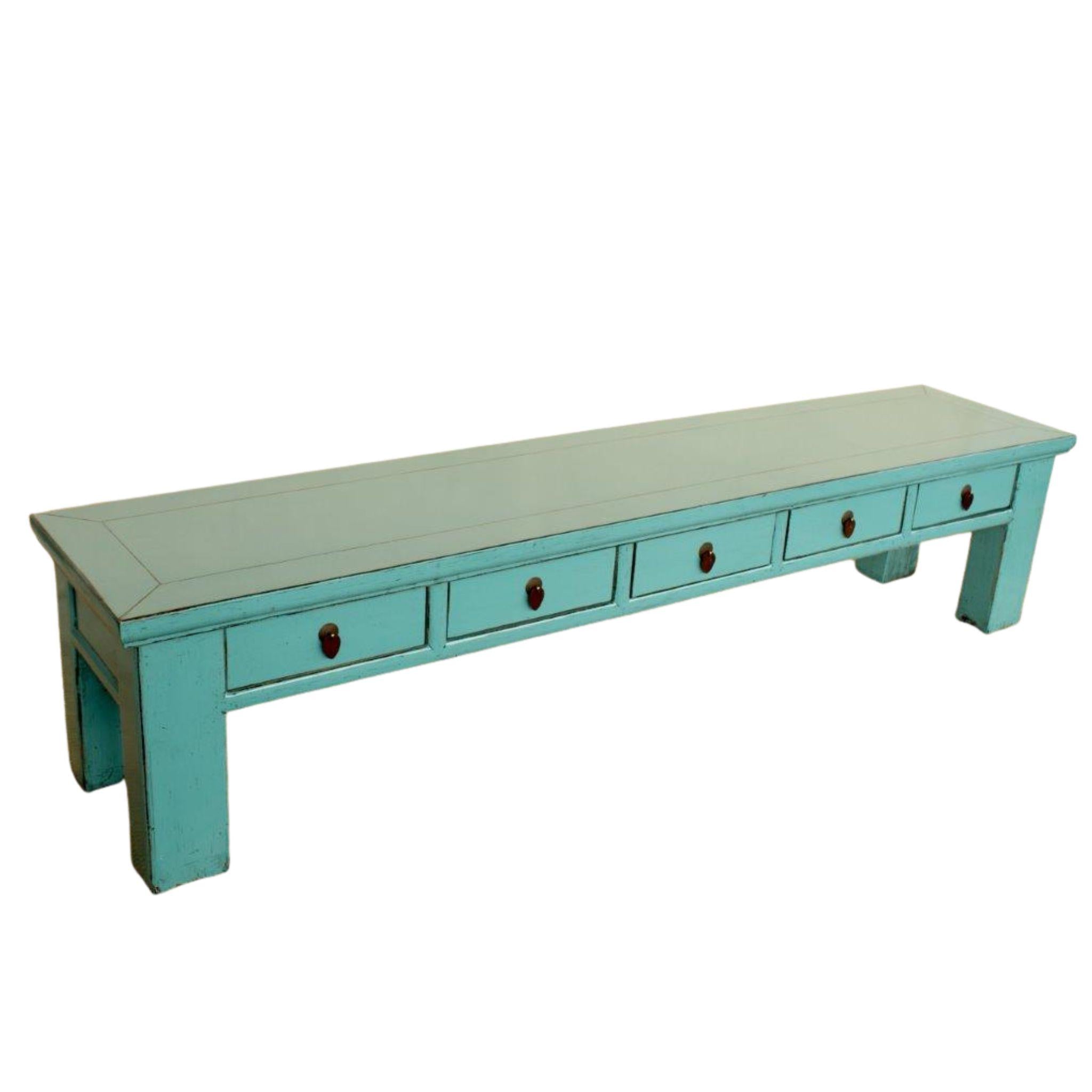 Arka long, low-profile console table solid elm wood with a distressed turquoise lacquer finish and five drawers