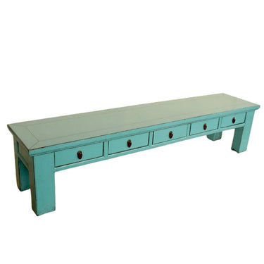 Arka long, low-profile console table solid elm wood with a distressed turquoise lacquer finish and five drawers