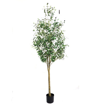Artificial olive tree in black pot with textured trunk, suitable for indoor decoration.