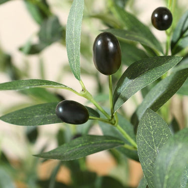 faux black olives on an olive branch with green leaves.