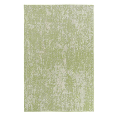 Azulejo Moss Rug with green and ivory geometric patterns, ideal for living rooms, bedrooms, and dining areas.