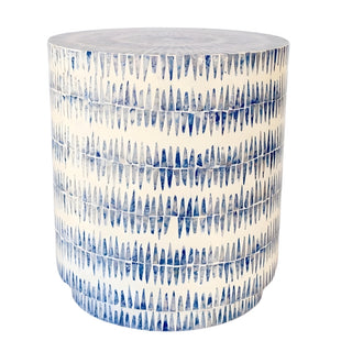 Azure Capiz Drum Stool made from luminous capiz shells, perfect as a decorative stool or side table, available online at Woodka Interiors South Africa.