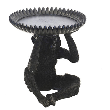 Black Banana Monkey Serving Bowl showing detailed monkey fur and banana-patterned tray, a unique resin fruit bowl.