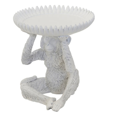 White Banana Monkey Serving Bowl showing detailed monkey fur and banana-patterned tray, a unique white resin fruit bowl for bright spaces.