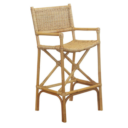 a rattan Bar Stool with a wooden frame and wicker seat