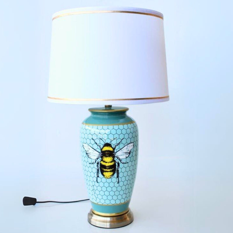 Blue Ceramic Lamp With Honeycomb Bee Design - Woodka Interiors