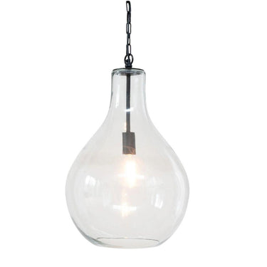 Clear glass pendant light in teardrop bell shape.