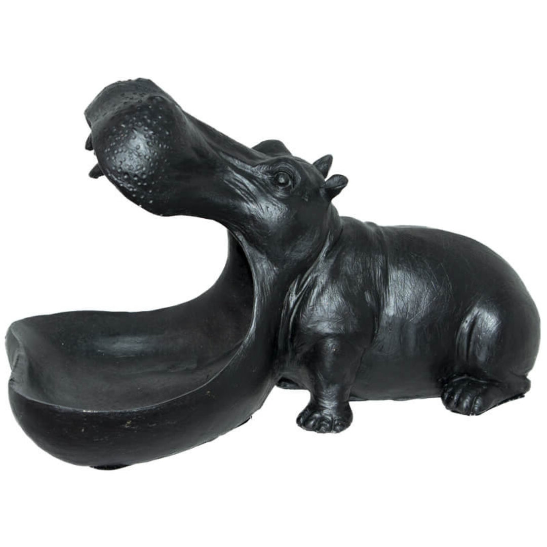 Side view of black big mouth hippo bowl used as decorative catchall