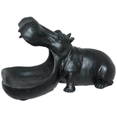Side view of black big mouth hippo bowl used as decorative catchall