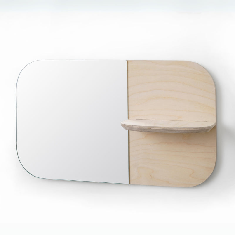 Birch Horizontal Shelfie Mirror featuring a minimalist half-mirror and half-plywood design with a built-in floating storage shelf.