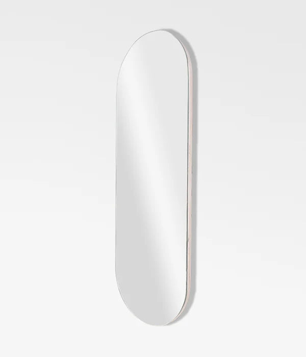 Oval shaped frameless wall mirror with birch plywood backing