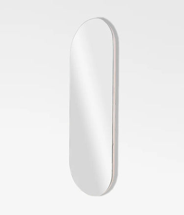 Oval shaped frameless wall mirror with birch plywood backing