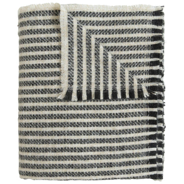 celine throw blanket with black and white stripes and fringed edges.