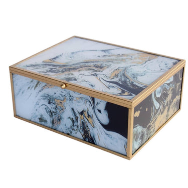 marble-effect finish on black, white, and gold decorative box