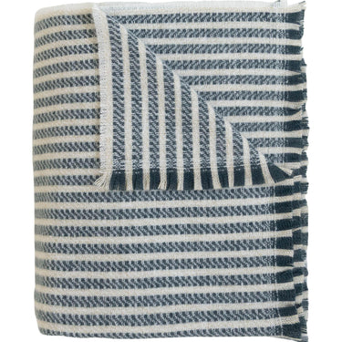 celine throw blanket with a pattern of thin, dark blue stripes on cream.