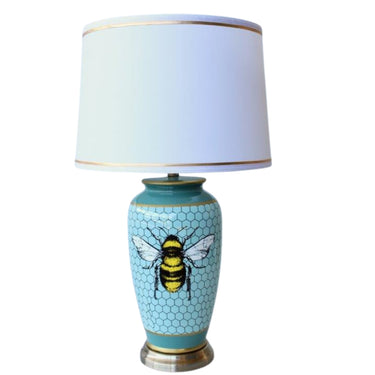 Blue Ceramic Lamp With Honeycomb Bee Design