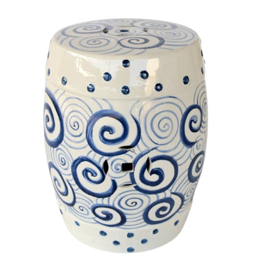 White ceramic stool with blue circle design and central motif on side and top
