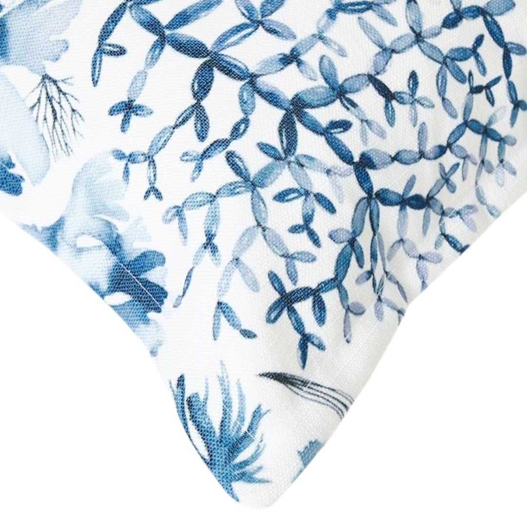 Blue Coast shells scatter cushion fabric pattern on white background